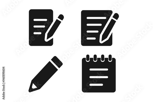 Vector illustration icons of writing tools featuring pencil, notepad, and paper for creative design applications or educational materials