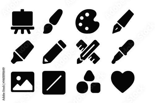 Vector illustration icons representing various art supplies and tools used for creative activities