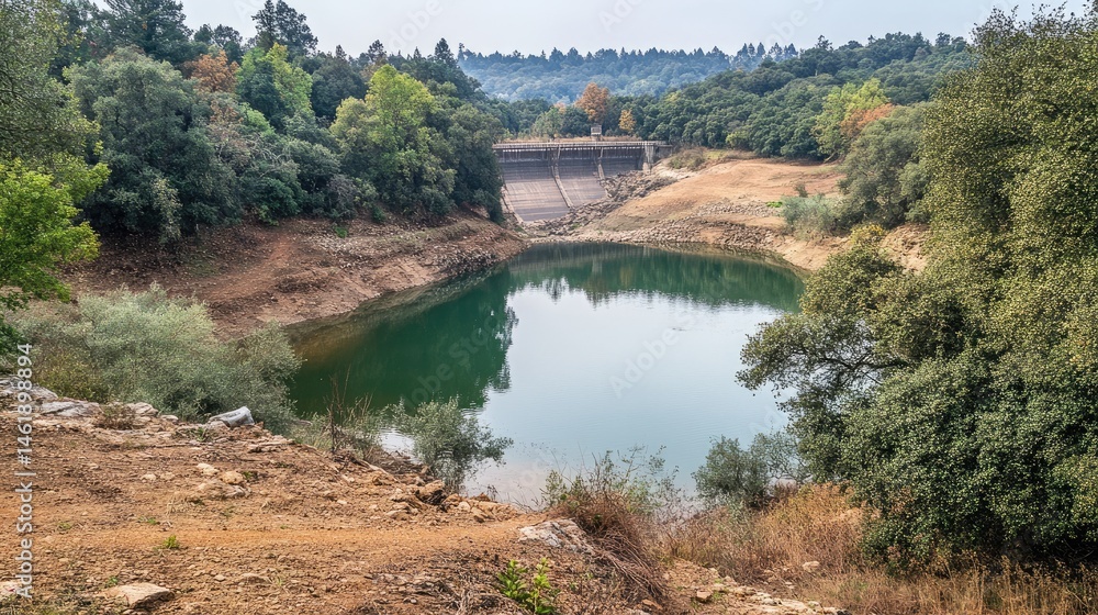 Obraz premium Depleted dam with exposed floor and low water levels