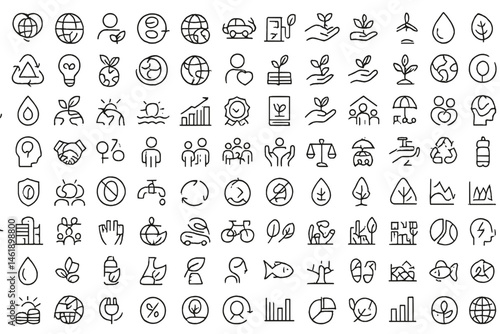 Vector illustration icon set featuring environmental, social, and economic themes for sustainable practices and awareness