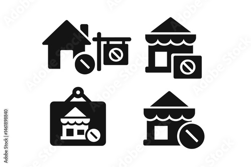 Black vector icons of a closed shop, home sign, and store with restriction symbol depicting business limitations