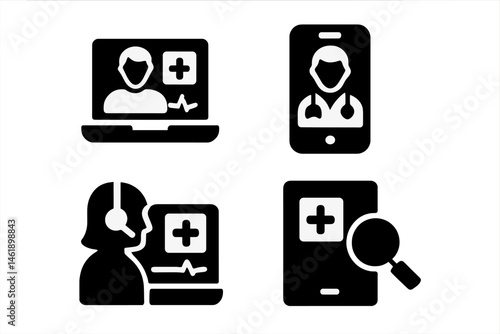 Telehealth icons illustrating remote medical consultation via laptop and mobile device in modern healthcare settings
