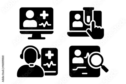 Healthcare technology icons depicting telemedicine, online consultations, and patient monitoring