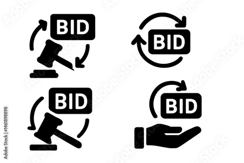 Vector illustration of bid symbols depicting auction process and exchange of offers in various formats