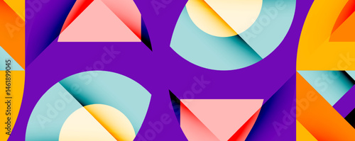 Abstract geometric shapes overlap, creating vibrant composition. Purple background contrasts with orange, pink, cyan hues. Modern design.