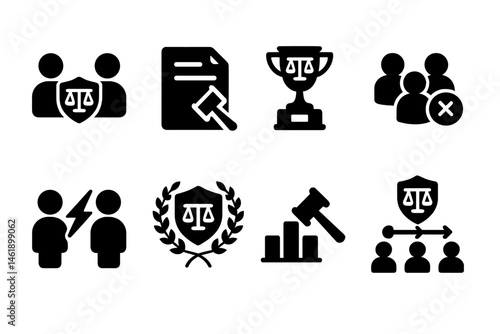 Vector illustration of legal icons representing justice, teamwork, and conflict resolution in a minimalist design style