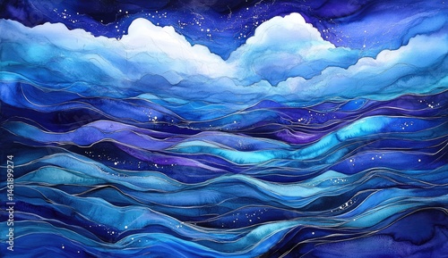 A celestial sea, with a night sky and clouds reflected in waves of blues and purples.  Silvery lines accentuate the water's movement