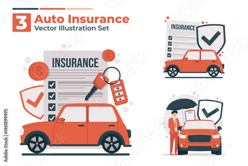 Auto insurance vector illustration set concept car insurance