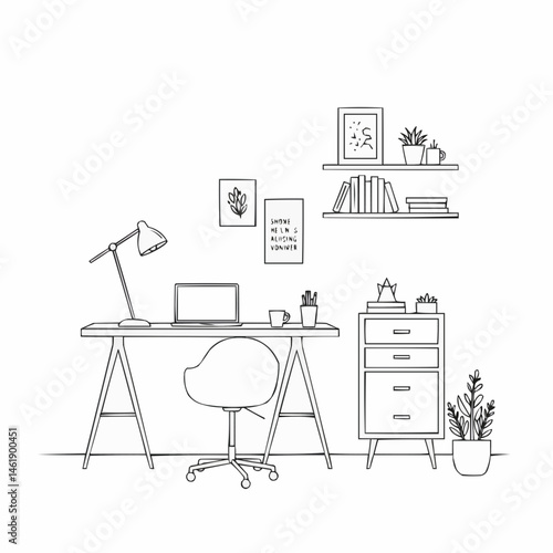Simple line art of a study space with a desk lamp, pictures, shelves, books, and a plant