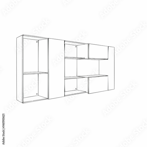 Line drawing of assembled closet with upper shelf & drawers. Simple & organized