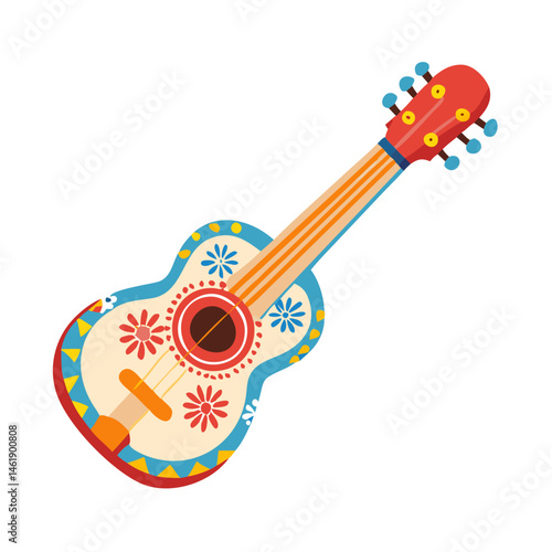 Colorful guitar showcasing traditional design with floral patterns and vibrant details for a festive atmosphere