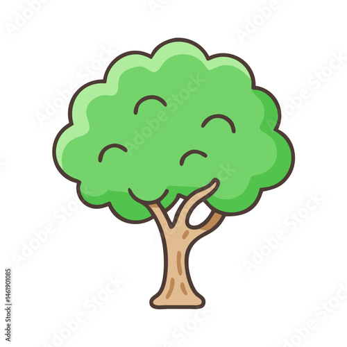 Green tree illustration situated in a vibrant natural setting surrounded by lively foliage and clear skies