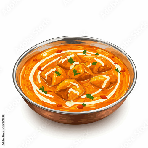 Delicious, creamy, curry dish in a glass bowl with pieces of chicken and parsley