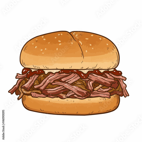 Cartoon illustration of a brown sesame bun with ingredients. Fast food design