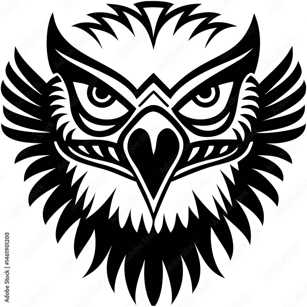 Fototapeta premium Detailed black and white owl illustration featuring sharp eyes and prominent feathers showcasing intricate design elements