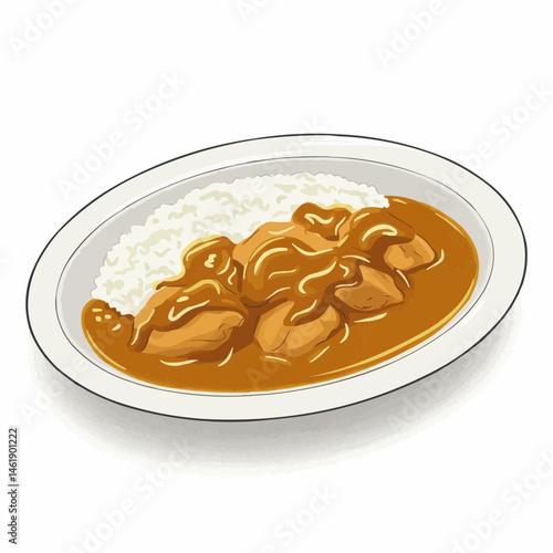 Plate with generous rice and brown curry with textured sauce, top right corner