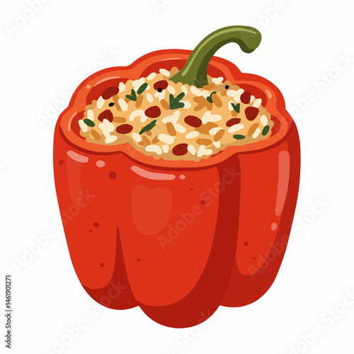 Red bell pepper stuffed with rice, beans, and green herbs, close-up view