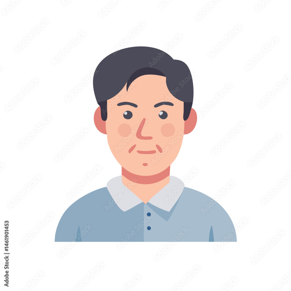 Young man with short dark hair and blue collared shirt on a light background Young man with short dark hair and blue collared shirt on a light background