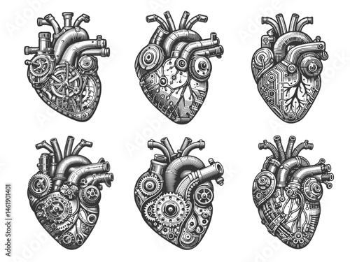 hearts fused with gears, pipes, wires, and steampunk machinery components Set collection bundle sketch engraving generative ai vector illustration. Scratch board imitation. Black and white image.