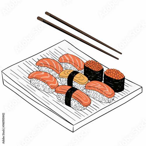 Sushi and chopsticks placed on a ribbed plate, against a white background
