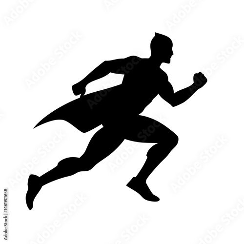 Superhero silhouette running in an action pose with a cape fluttering behind during a dynamic moment