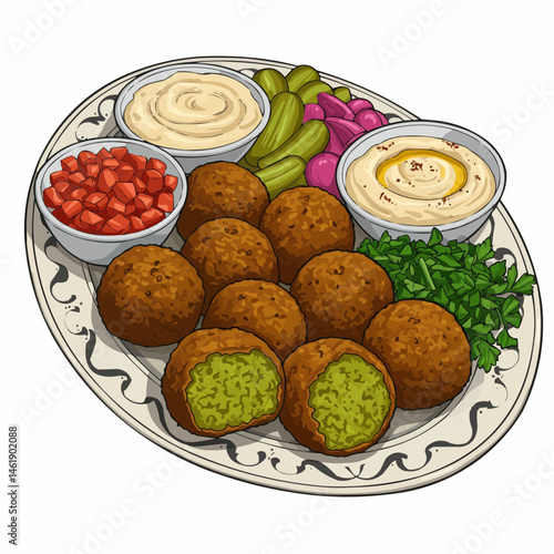 Middle Eastern platter with dips, tomatoes, pickles, & falafel served