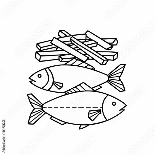 Fish and chips a black-and-white sketch of popular British fast food for colouring fun