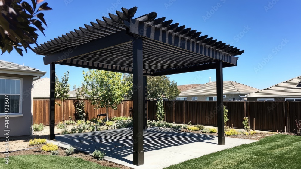 Fototapeta premium Overhead pergola casting shadows across a backyard path