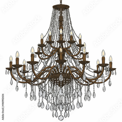 Illustration of a hanging, decorative chandelier with candles and crystal pendants