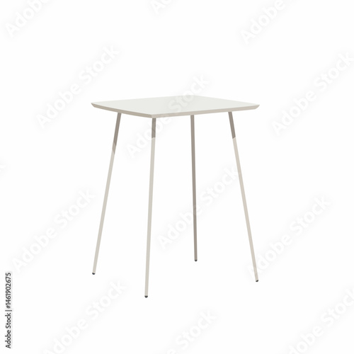 Simple, modern, white table with four legs sits atop a plain white background