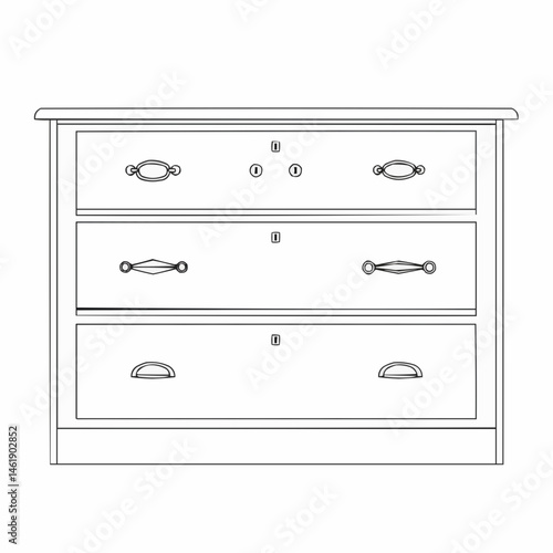 A simple line drawing features a dresser with detailed handles, sockets, and electrical outlets