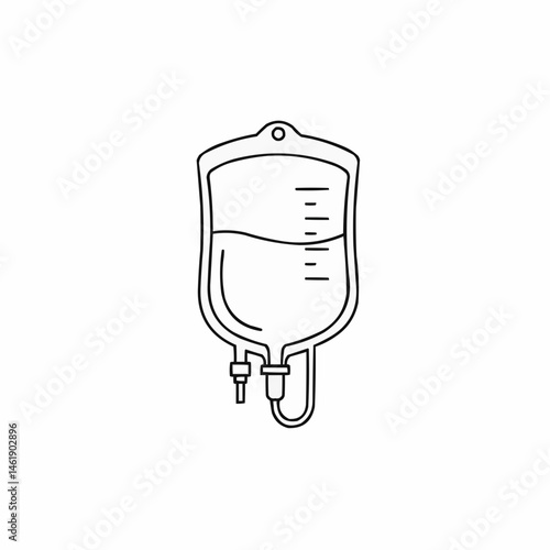A simple black and white drawing of a saline bag, medical treatment with lines