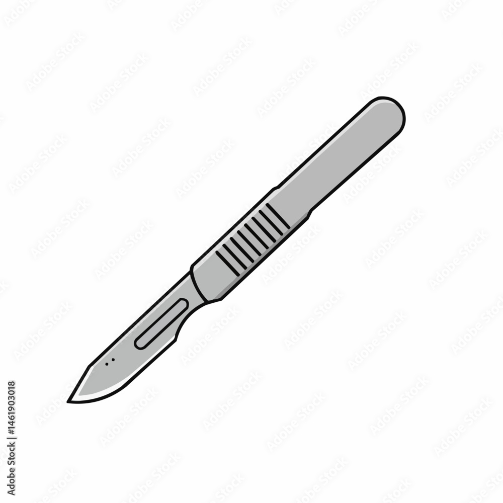 Sharp surgical scalpel tool, gray handle with parallel black lines Sharp surgical scalpel tool, gray handle with parallel black lines