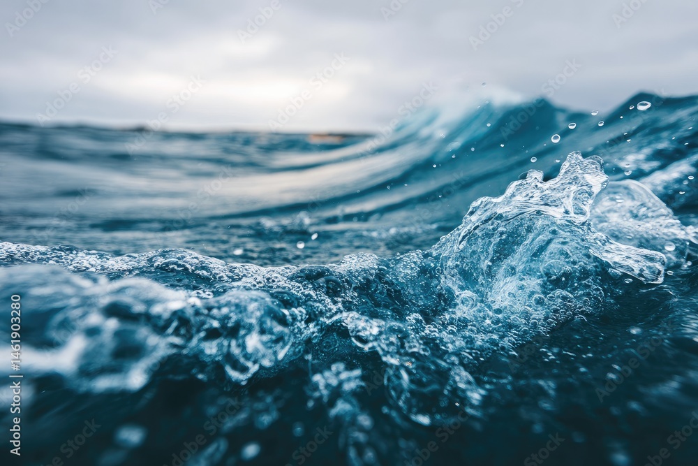 Fototapeta premium Close-up view of ocean waves crashing, showing foamy, textured water. Dark blue water with white splashes and droplets. A close-up view of the powerful ocean