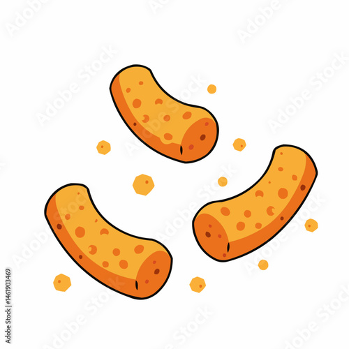 Cartoon illustration of a cheese curl on a white background with small circles