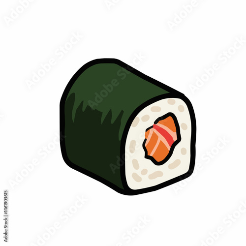 Rolled rice treat nori wrap and salmon, white rice, all outlined in black
