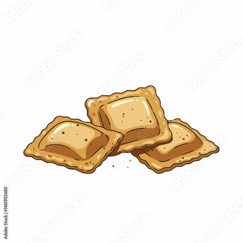 Cartoon rendition of deep-fried pockets, golden brown crust, dotted with spices, food art
