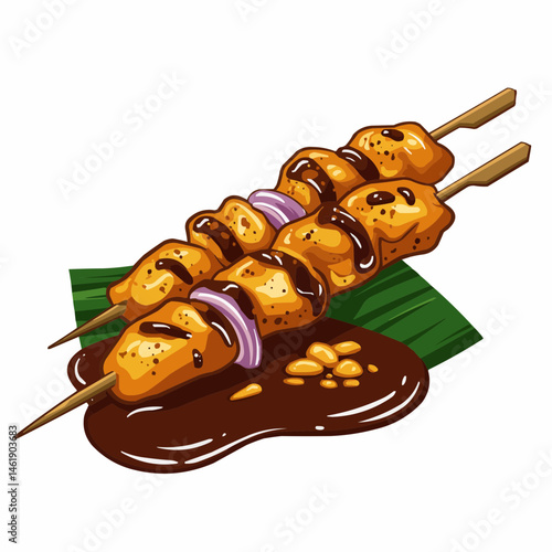 Delicious golden brown and brown banana cue skewered on a green skewer, ready to eat