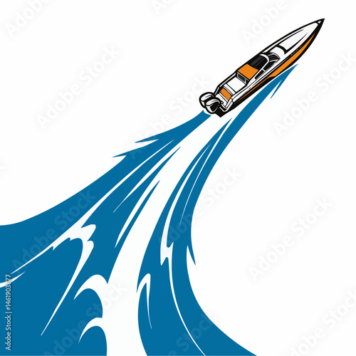 Illustrated hydroplane racing with blue trails on a white background with orange accents