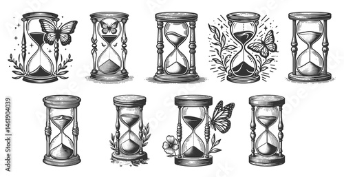 hourglasses Set collection bundle sketch engraving generative ai vector illustration. Scratch board imitation. Black and white image.