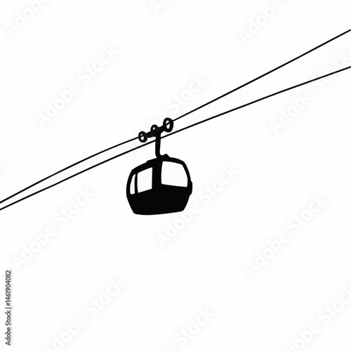 A simplistic drawing of a chairlift heading towards a mountain with snowy peaks