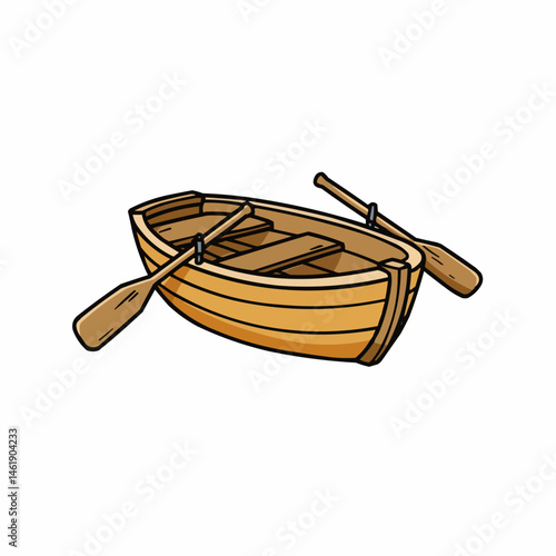 Cartoon image of a wooden rowboat, complete with oars, against a white background