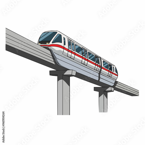 Graphic art style train on a rail. Gray and white with red. Contemporary illustration