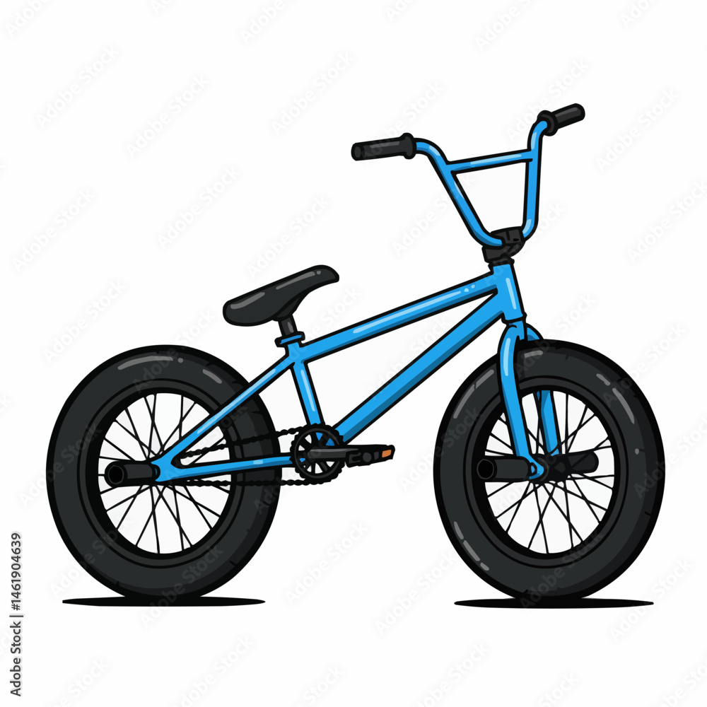 Fototapeta premium Cartoon style blue bicycle with black handles and seat on white background