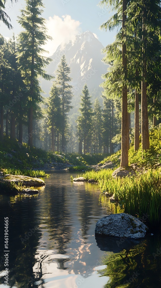 Naklejka premium Tranquil river flowing through dense forest with majestic mountain backdrop