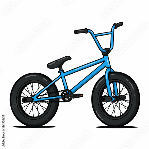 Cartoon style blue bicycle with black handles and seat on white background