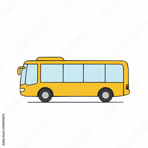 Cartoonish yellow bus with large windows and black accents, set against a white background