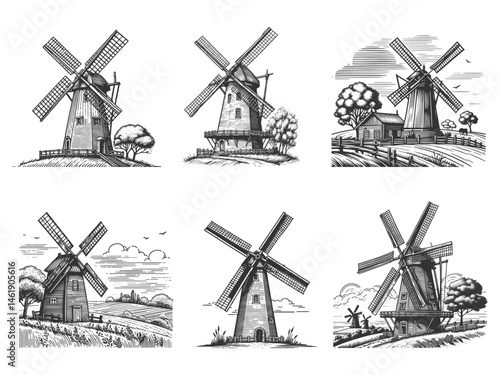 windmills surrounded by fields, trees, and countryside scenes Set collection bundle sketch engraving generative ai vector illustration. Scratch board imitation. Black and white image.