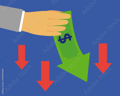 Business Hand Holding Money Dollar Banknote With Red Arrow Goes Down. Financial Crisis. Illustration Vector Cartoon.