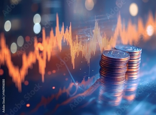 A digital representation of financial growth with coins and a stock market graph.